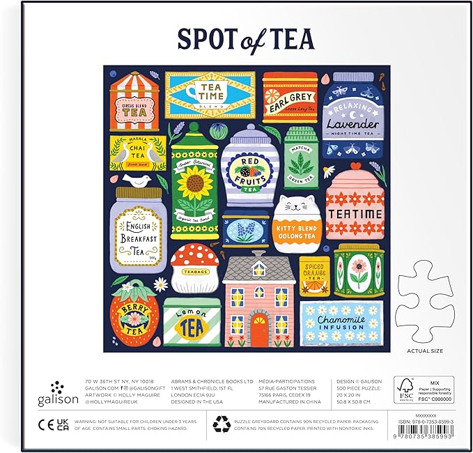 Galison Spot of Tea – 500 Piece Jigsaw Puzzle Featuring Charming Illustrations of A Variety of Tea Packets from Around The World