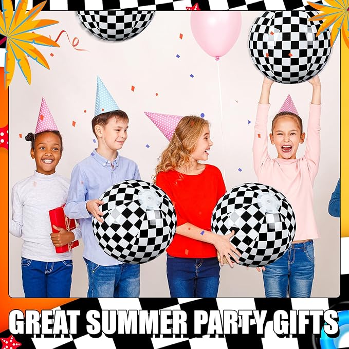 2 Pack Black and White Beach Balls 11.8" Checkered Flag Themed Inflatable Beach Ball Bulk Race Car Birthday Party Supplies for Summer Pool Party End of the Year Decoration Favor
