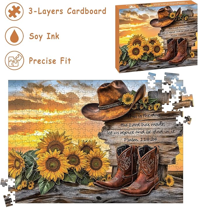 Puzzles for Adults 500 Pieces, Cowboy Hat and Cowboy Boot Jigsaw Puzzles - Sunset Psalm of the West, Impossible Sunflower Puzzles for Seniors Family, 20.47x14.96 inches, 1:1 poster, Letter on the Back