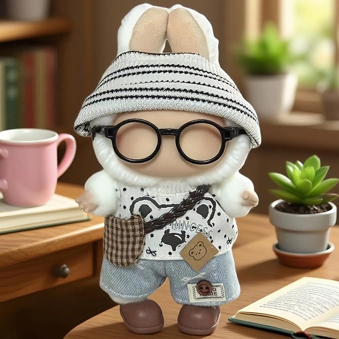 17cm Doll Clothes – 6-Piece Set, Hat + Overalls + Shirt + Backpack + Glasses + Shoes, Cute and Premium Dolls Outfit Accessories (White Bear)