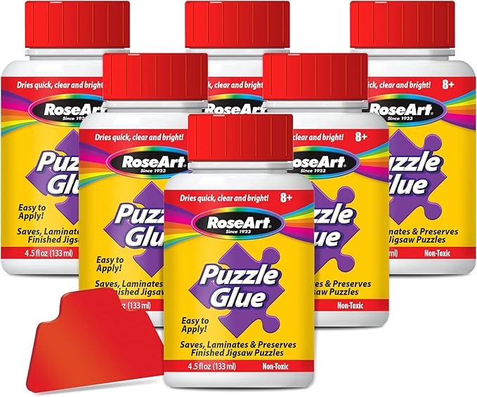 RoseArt Jigsaw Puzzle Glue with Applicator, 6-Pack – Clear Quick-Dry Formula to Seal, Laminate & Preserve Finished Puzzles (4.5 oz Bottles)
