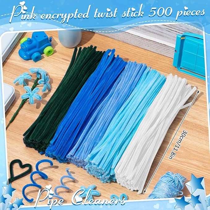 Peryiter 500 Pieces Pipe Cleaners Chenille Stems for Flowers Craft Supplies Bulk Fluffy Fuzzy Sticks for DIY Art Projects Creative Gift Wrapping Party Decorations(Blue Flower Color,12 Inch)