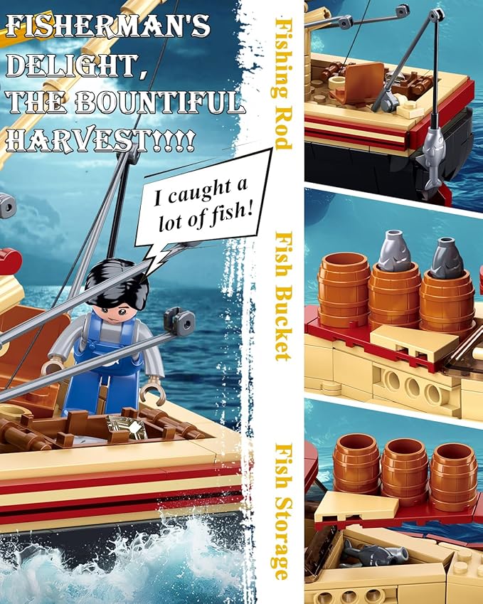 Sluban City Building Set with Shark Toys, Fishing Boat Building Toys with 3 Fisherman Minifigures, Suitable for Adult and Kids, Compatible with Lego, 592 PCS