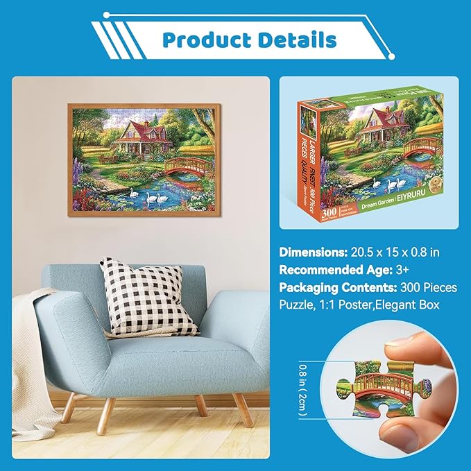 300 Piece Jigsaw Puzzle for Adults, Spring Floral Countryside Jigsaw Puzzle, Challenging Puzzles for Friends Family Activity Game Nights Gifts, 20.5x15 in