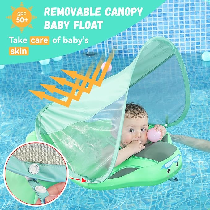 Mambobaby Baby Swim Float with Canopy Non-Inflatable Infant Pool Float with Tail 3-24 Months Avoid Flip Solid Skin-Friendly Material for Toddler Boys Girls