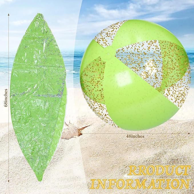 Realspring 2 Pcs 48'' Giant Beach Balls for Swimming Pool 4 Ft Jumbo Glitter Confetti Inflatable PVC Pool Balls Large Summer Blow up Beach Toys for Adults Summer Outdoor Party Favor(Green)