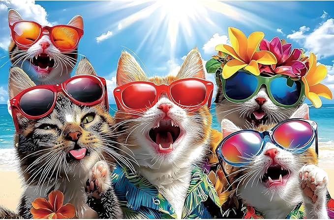 Puzzle for Adults 300 Pieces, Summer Cat Beach Jigsaw Puzzle for Adults Vibrant Animal for Fun Family Game Challenge Gift Decoration (17 x 11 Inch)
