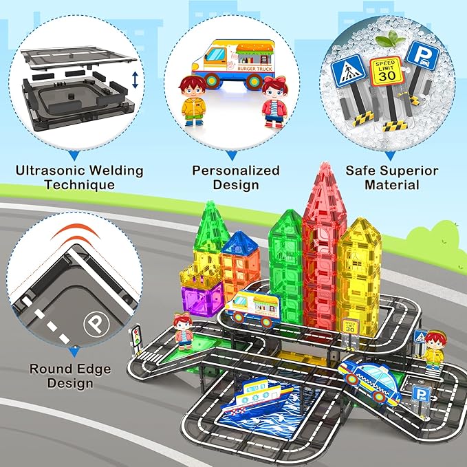 112PCS Magnetic Tiles Road Set with Vibrant Color & Ultra Magnet Strength, City Road Building Blocks Construction Toys for Toddlers Kids Ages 3-12, Creative Gifts STEM Toys for 3+ Years Old Boys Girls
