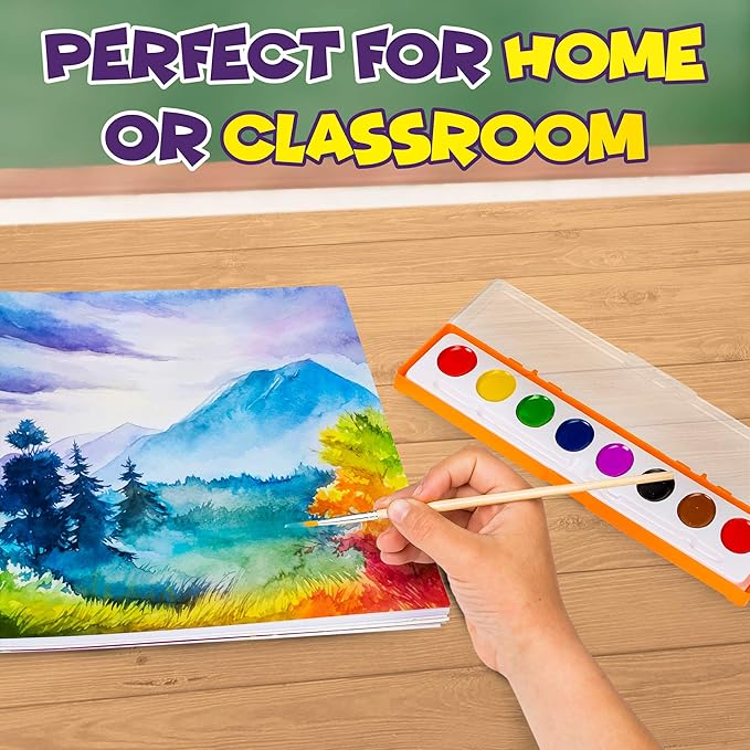 Creative Kids Bulk Washable Watercolor Paint Set - 40 Pack w/ 8 Assorted Water Color Paints & Wooden Brush - Classroom Art Supplies