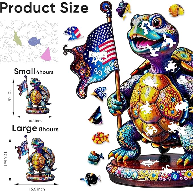 Bovearto Turtle Puzzles for Kids, Flag Turtle Wooden Jigsaw Puzzles, Ocean Unique Shaped Undersea Brain Teaser Puzzle Gift for Kids Family Puzzle Games 215 Pieces (10.8"*12")