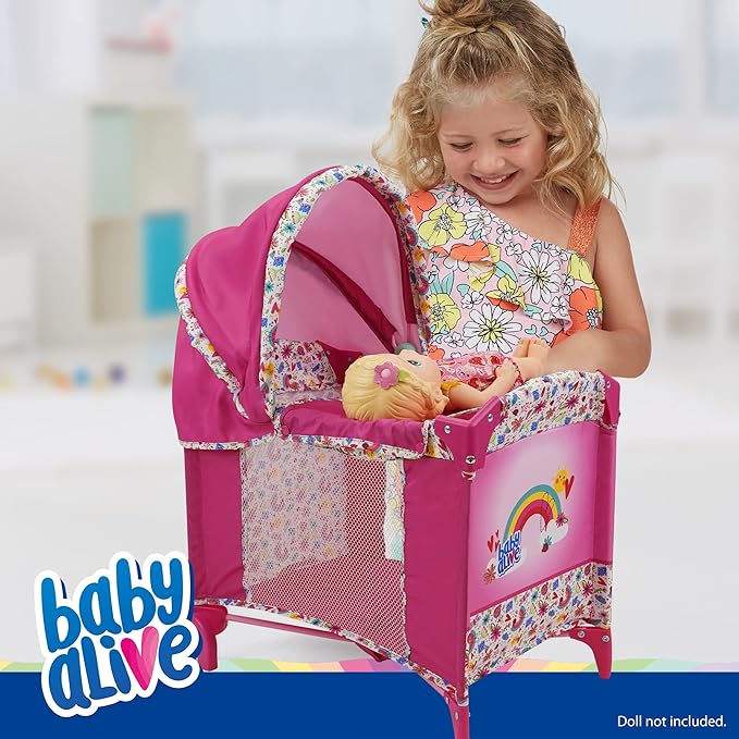 Baby Alive: Deluxe Doll Play Yard - Pink & Rainbow - Fits Dolls Up to 18", Retractable Canopy, Easy Maneuvering, Folds for Travel & Storage, Pretend Play for Kids Ages 3+