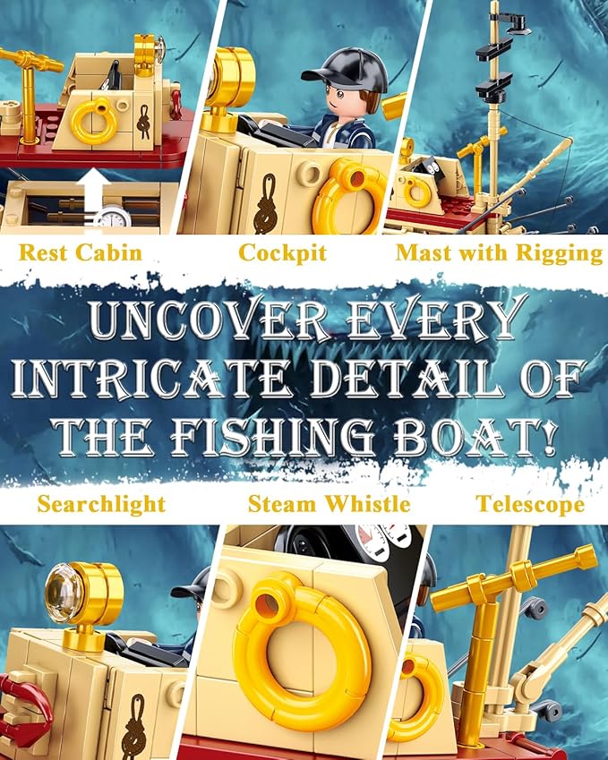 Sluban City Building Set with Shark Toys, Fishing Boat Building Toys with 3 Fisherman Minifigures, Suitable for Adult and Kids, Compatible with Lego, 592 PCS
