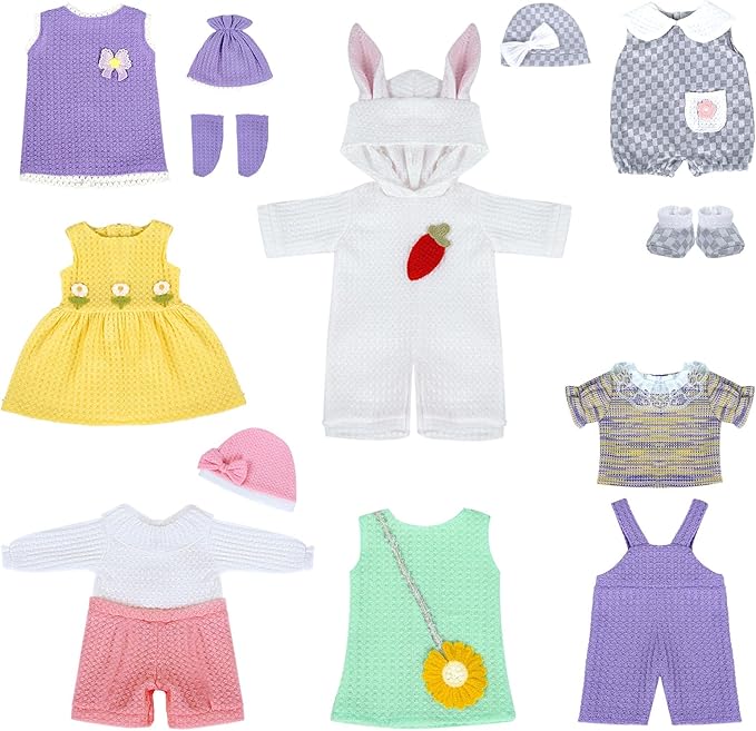 7 Set Baby Doll Clothes,14-18 inch Reborn Doll Clothes Accessories Dress with Hats Socks Outfits Fits for 43cm New Born/15 inch Bitty/16 Inch Baby Dolls