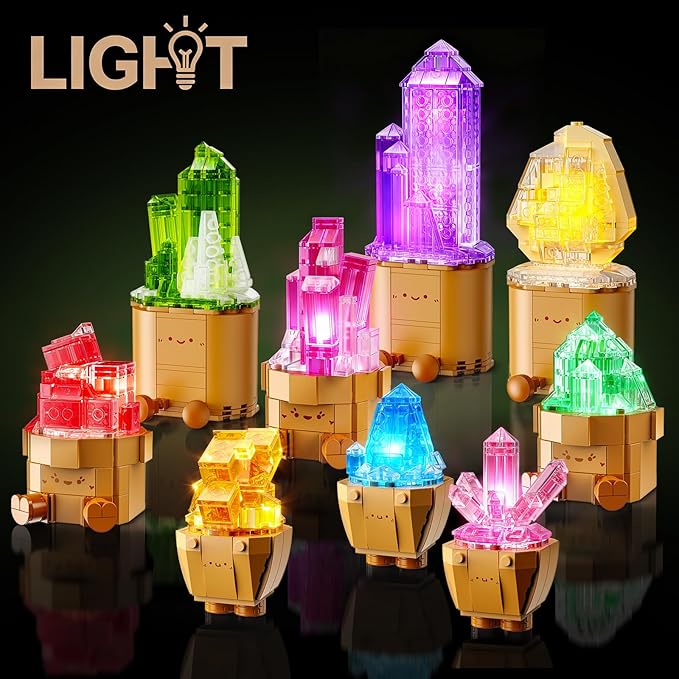 9 Pack Easter Party Favor Mineral Mini Building Set with LED Light, 1170PCS Crystals Flower Bonsai Block Toy for Goodie Bag Fillers Classroom Prizes, Birthday Gift for Kids Adults Women