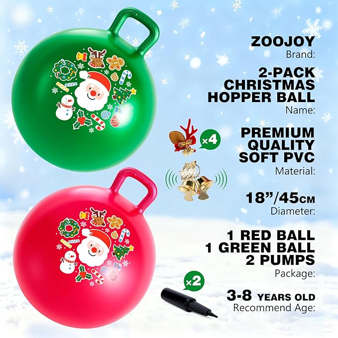 ZOOJOY Hopper Ball 2-Pack Set for Girls&Boys 3-8 with Free Hair Clips, Festive Red & Green 18in Bouncy Ball with Handle for Kids, Christmas Toys Indoor and Outdoor Play Includes Pumps
