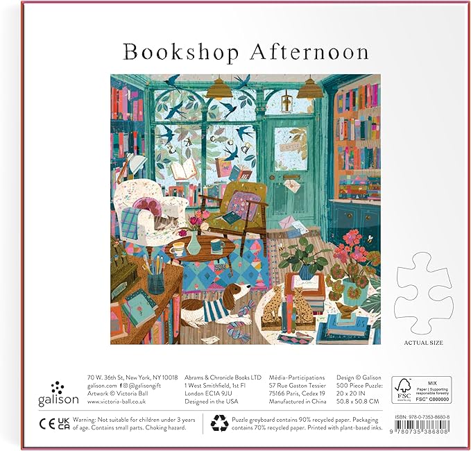 Galison Bookshop Afternoon – 500 Piece Foil Puzzle Fun and Challenging Activity with Bright and Bold Bookshop Themed Artwork for Adults and Families