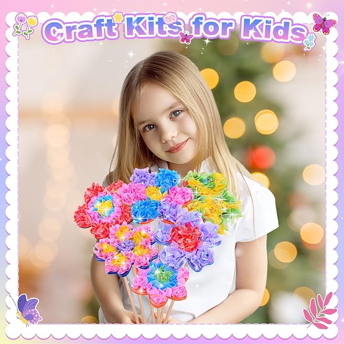 MDINGTD Toys for 4 5 6 7 8+ Year Old Girls, Poke Art Flower Bouquet with 8 Flowers & 2 Butterflies Arts and Crafts for Girls Ages 4-8 DIY Creative Activity Birthday Valentine Gifts Craft Kits