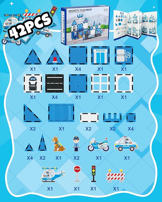 Magnetic Tiles for Kids Ages 3+, Police Magnetic Tiles Building Blocks with City Scene Pieces, Police Officer Elements & Accessories, STEM Toys for Toddlers, Ideal Gift for Boys and Girls