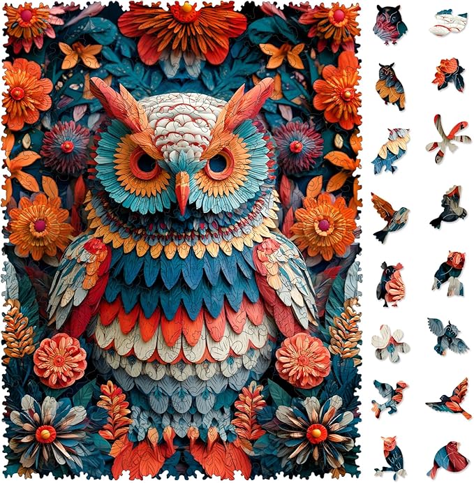 MEATRN Multicolored Owl Wooden Puzzles for Adults - 200 Pieces Natural Wood Jigsaw Puzzle, Laser-Cut Precision, Forest Wildlife Animal Theme, Relaxing Family Game & Creative Gift, 9.5x12.6in