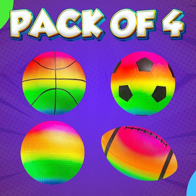 Rainbow Sports Balls for Kids & Toddlers - (Pack of 4) 8.5-Inch Neon Sport Ball Set Includes Football, Soccer, Basketball, & Playground Balls, Toy Balls for Indoor/Outdoor
