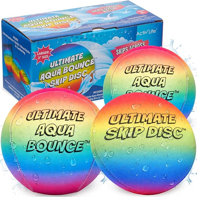 Activ Life Ultimate Skip Ball, Large 3" - 2 Water Skip Balls with 1 Skip Disc - Water Bouncing Ball Set for Beach, Pool & Lake Games - Fun Summer Toys for Kids, Teens, Adults & Families