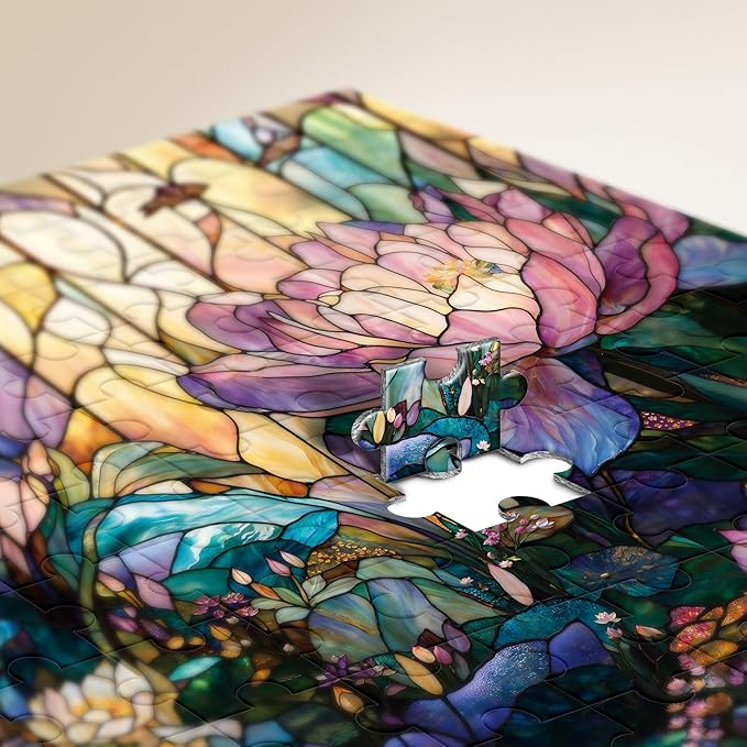 Puzzles for Adults 1000 Pieces - Stained Glass Lotus Mosaic Flower Floral - 1000 Piece Puzzles with Letters on Back - Jigsaw Puzzles 1000 Pieces for Fun Game - 27.6" L X 20.5" W, 1:1 Poster