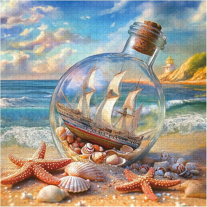 Beach Puzzles for Adults 1000 Pieces, Seashells Jar Sailboat Art Jigsaw Puzzles, Summer Ocean Starfish Puzzle as Home Wall Art
