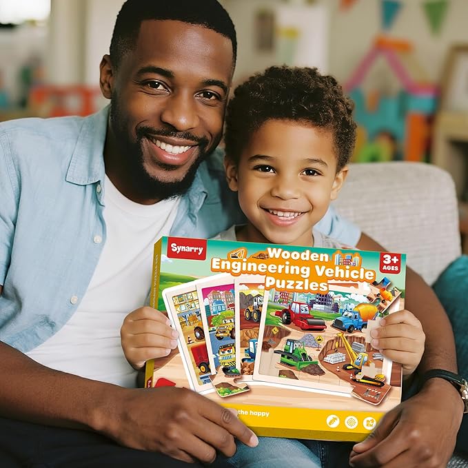 SYNARRY Large Wooden Construction Vehicle Puzzles for Toddlers 3-5, 24 Piece Monster Truck Puzzles for Kids Ages 4-6, Construction Toys for 3 4 5 6 Year Old, Kids Toys Easter Basket Stuffers Gifts