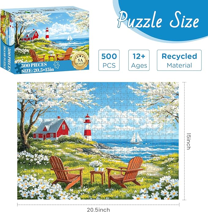 500 Pieces Puzzles for Adults, Relaxing Coastal Lighthouse Jigsaw Puzzles, Premium Seaside Scenic Landscape Wall Art for Home Decor, Challenging Gift for Women & Men, 20.5x15 in