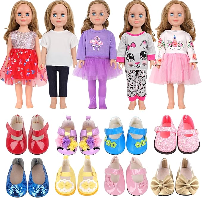 MSYO 18-Inch Doll Clothes & Accessories Kit: 5 Pre-Styled Outfit Sets + 2 Pairs of Shoes (8 Styles Available) - Fashion Dress-Up Play Set for Dolls, Gift for Girls Ages 3-10