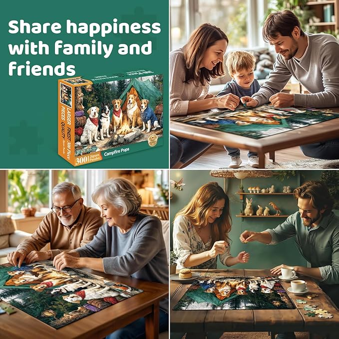 300 Piece Puzzles for Adults Large Piece, Dogs Forest Campfire Camping Jigsaw Puzzle, Funny Gift for Adult Kids, Challenging Puzzle Perfect for Game Nights, 20.5 X 15 in