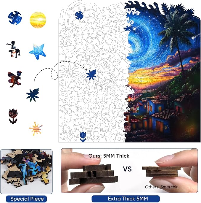 Mys Aurora 500 Pieces Puzzles for Adults, Starry Night Wooden Puzzles, Unique Shaped Jigsaw Puzzle Birthday Scenery Gift Challenging Family Game for Kids and Adults 15.9 * 15.9 Inches