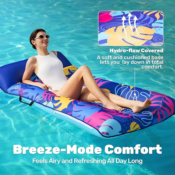 SLOOSH Inflatable Pool Floats Lounger - XL Fabric Covered Pool Mat Floaties for Adults, Ultra Comfort Water Floating Lounger with Headrest for Beach Lake Swimming Pool Float Raft 68"X34"