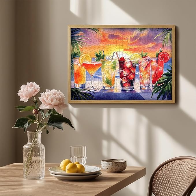 Summer Beach Puzzles for Adults 1000 Pieces, PICKFORU Colorful Seaside Holiday Jigsaw Puzzles Sunset Scene, Impossible Challenging Rainbow Drinks Theme as Home Decor