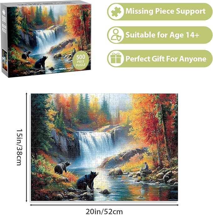 500 Piece Puzzle for Adults, Bear Fall Landscape Puzzle for Teen Adults,Recycled Paper Unique Fun Jigsaw Puzzle 500 Piece,Challenging Family Game Gift for Friends Men Women Seniors,20.5 * 15In