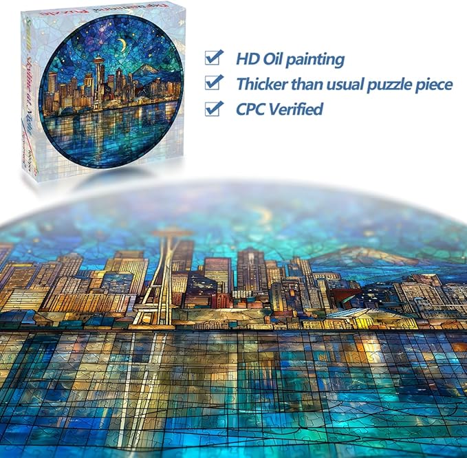 Bgraamiens 1000 Piece Jigsaw Puzzles for Adults – Seattle Skyline at Night – Stained Glass Style Cityscape with Moonlit Reflection – Artistic Urban Gift Challenge