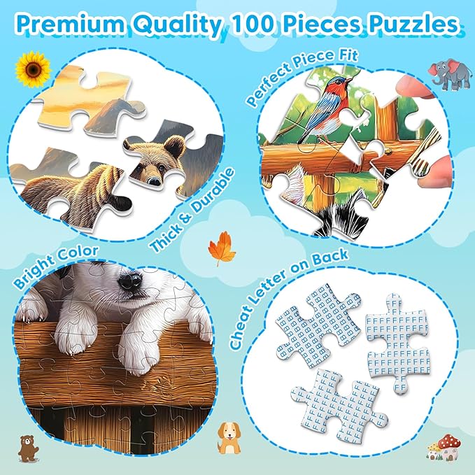 4-Pack 100 Piece Puzzles Dogs Cats Bears Elephants Puzzle for Kids Ages 4-8 8-10, 100 Piece Jigsaw Puzzle for Adults Seniors Children Learning Educational Puzzles Toys Birthday Gifts for Girls Boys