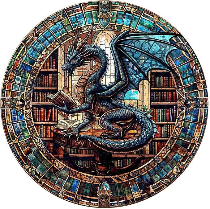 Jigfoxy Wooden Puzzles for Adults, Dragon's Library Wood Puzzles Adult, Unique Animal-Shaped Wooden Jigsaw Puzzles, Christmas Thanksgiving Gifts for Family and Friends (L-13.4 * 13.1in-300pcs)