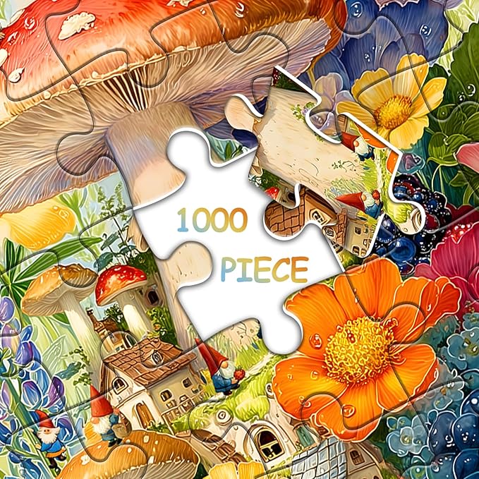 Gnome Mushroom Puzzles for Adults 1000 Pieces, Colorful Magical Floral Garden Village Jigsaw Puzzle, Fantasy Gnome House Flower Fruits Puzzle, Spring Nature Plant Challenging for Adults