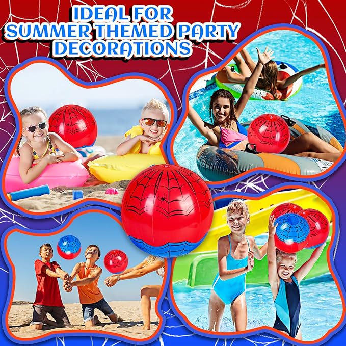 12 Pack Spider Theme Beach Ball 7.87" Inflatable Beach Balls for Summer Water Pool Games Blue and Red Spider Web Birthday Party Decorations Favors Under The Sea Party Decorations