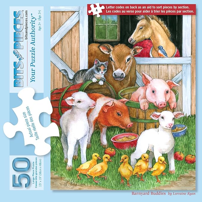 Bits and Pieces – Barnyard Buddies Jigsaw Puzzle for Adults – Farm Animals (Sheep, Pigs & Horses) by Lorraine Ryan – Charming Country Artwork with Random Die-Cut Pieces (50 Piece Puzzle)