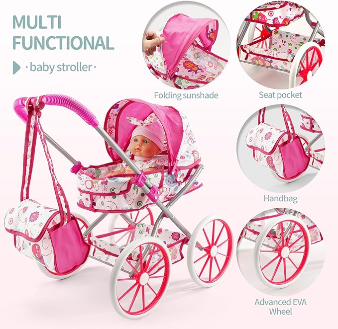 Baby Doll Stroller Toys Set W/ 13'' Baby Doll, Doll's Bed, Dining Chair, 26 PCS Doll Accessories & 2 Set Clothes, Baby Stroller Toys for 3 4 5 Year Old Girl Birthday Gift, Pretend Playset for Toddler
