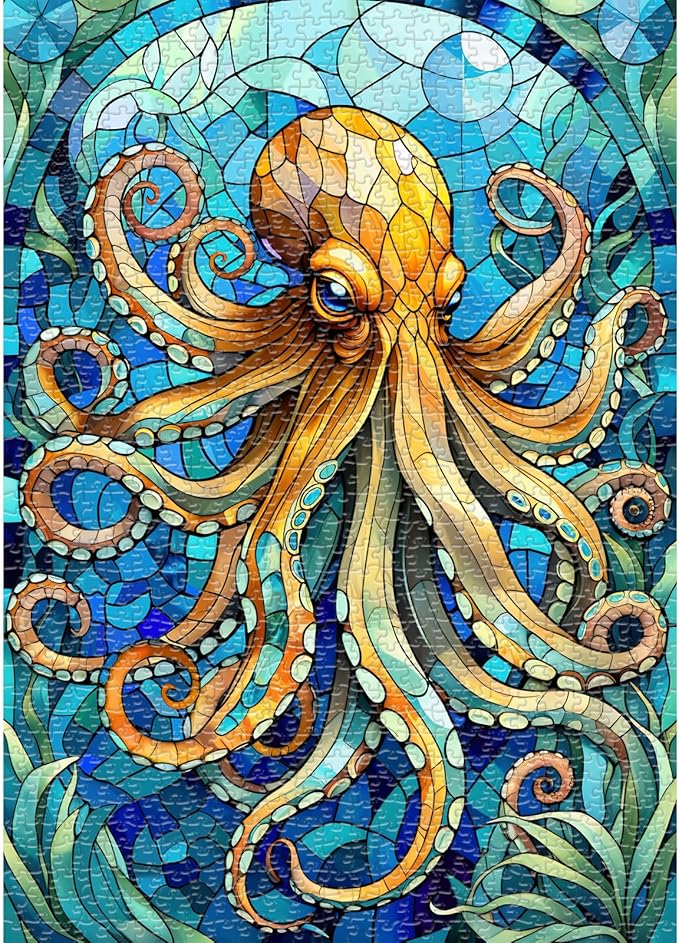 Sutinban Stained Glass Octopus Puzzle 1000 Pieces, 1000 Piece Puzzle for Adults, Coolest Adult Jigsaw Puzzle for Sea Creatures Lovers, Great Gift for Family, 27.5’’x19.7’’