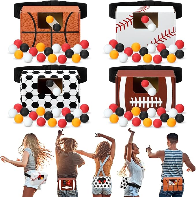 4 Sets Sport Swing Shaking Balls Game Set Novelty Twerk Game 40 Balls, Ribbon, Baseball Football Soccer Basketball Cardboard Boxes Fun Party Games for Family Adult Group Sport Party Favor