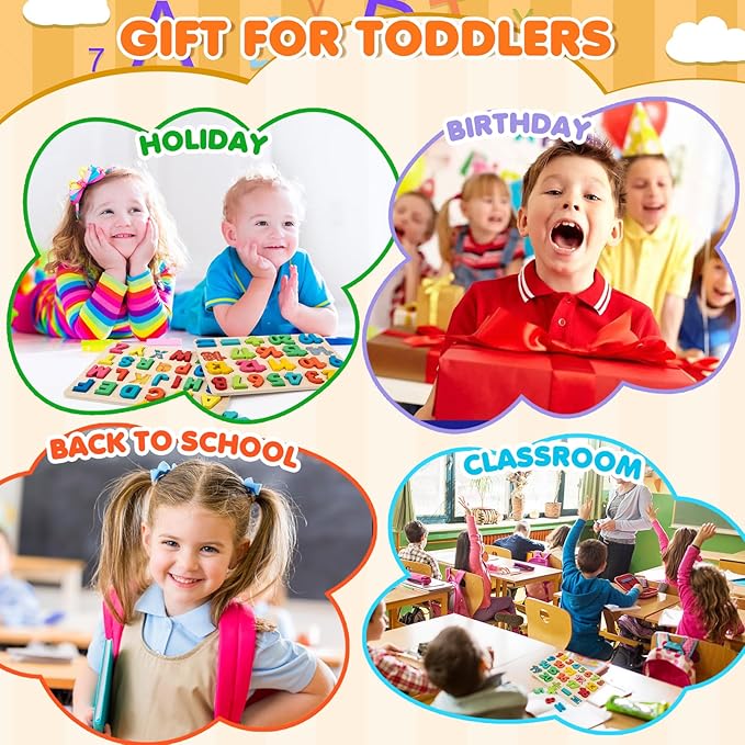 Attmu Wooden Puzzles for Toddlers, 3 Pcs Alphabet Puzzle ABC Shape Number Puzzle, Learning Toys for Kids, Preschool Educational Activities Toddler Gift Toys for Girls Boys Christmas Valentines Easter