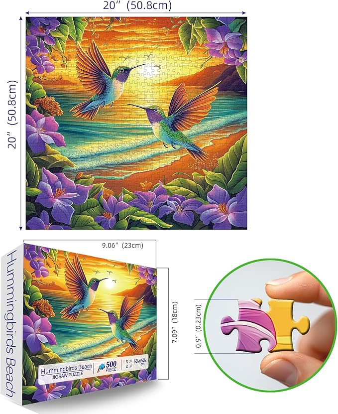 MINIWAN 500 Piece Puzzles for Adults - Hummingbird Sunset Beach Jigsaw Puzzle, 20x20 Inches Vibrant Tropical Nature Large Piece Art Puzzle for Relaxation & Home Decor