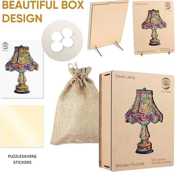 Mys Aurora Puzzles for Adults 500 Pieces, Colorful Desk Lamp Jigsaw Puzzles, Unique Shape Vintage Wooden Puzzles for Adults and Kids, Fun Challenge Family Puzzle Game, 18.1 x 26.6 Inches