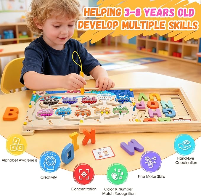 4-in-1 Magnetic Color and Number Maze Toys Box with Alphabet Puzzles Drawing Board, Wooden Storage Montessori Toy for 3-5 Year Old, Toddlers Educational Learning Toy Gifts for Kids Boys Girls