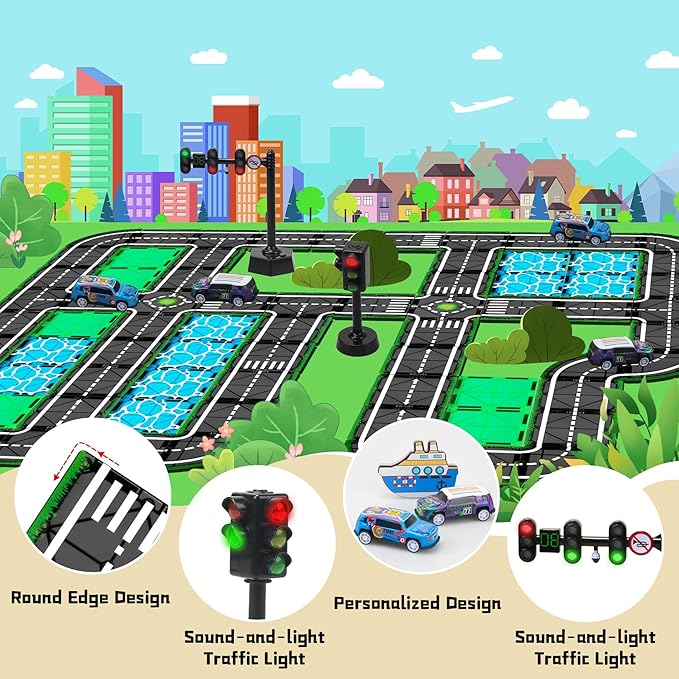Magnetic Tiles Road Set with Pullback Car & Magnet Ship,Traffic Themed Magnetic Building Tiles Set with Traffic Light,STEM Magnet Tile for Kids Ages 3-5 4-8 5-7,Preschool Educational Kids Toys Gifts