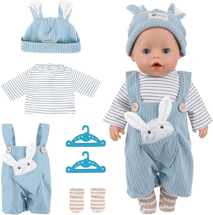 Reborn Baby Doll Clothes Set for 14-18 inch Dolls, Soft Doll Clothes Outfit with Tops, Pants, Rabbite Hat, Socks & 2 Hangers, Accessories for Newborn Reborn Dolls(Not Dolls)